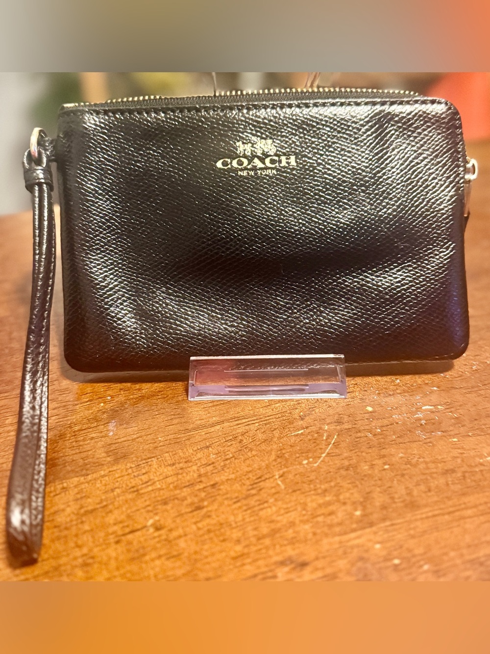 COACH Black Leather Zip Card Holder with Gold Logo